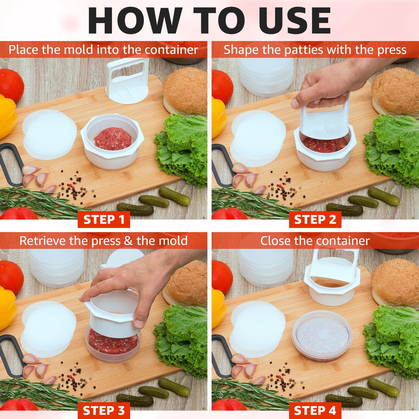 Mission Gallery Hamburger Press Patty Maker - 4 in1, Burger Mold, Patty Press, 7 Storage Containers, 100 Round Papers - Hamburger Patty Maker Tool for BBQ - Burger Shaper for Meat, Veggie Patties