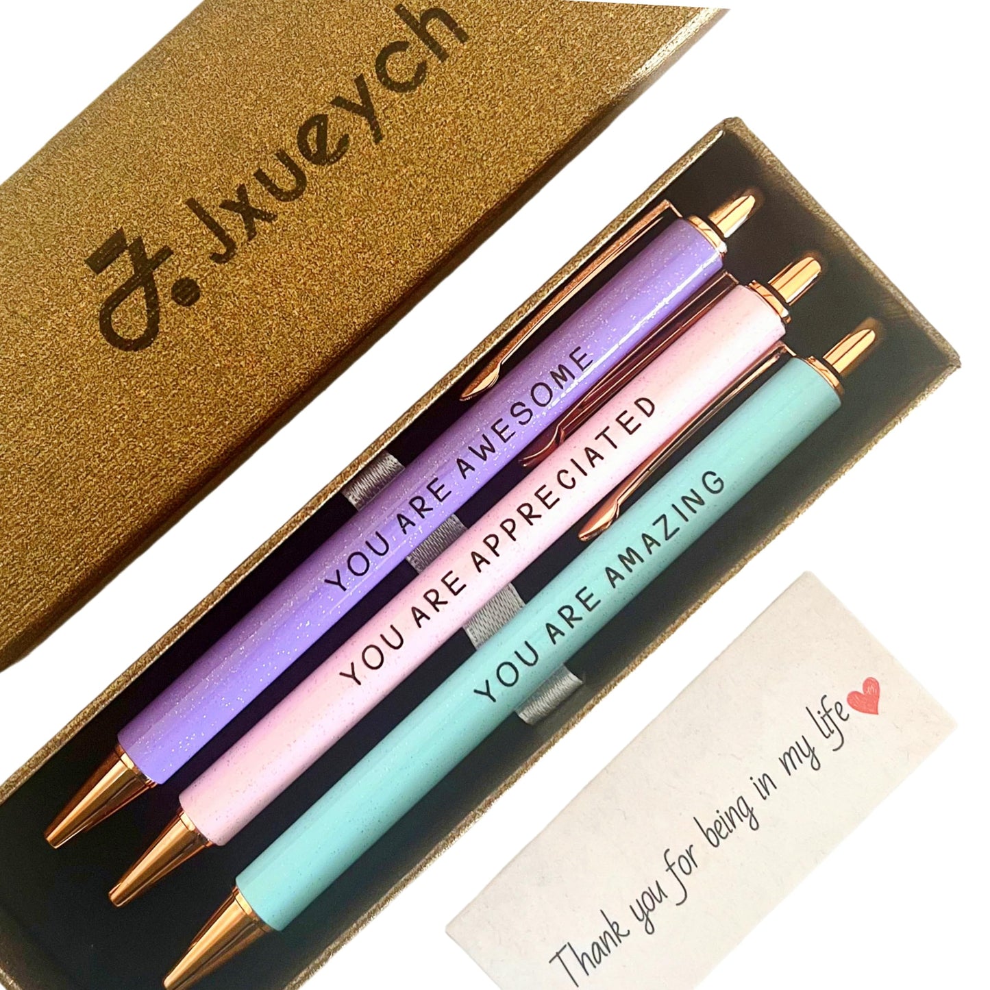 Jxueych Inspirational Metal Pens for Women (3-Pack) - Empowering Quotes: 'AWESOME/AMAZING/APPRECIATED' with Gift Box & Card - Gifts for Nurses, Teachers, Coworkers & Farewells