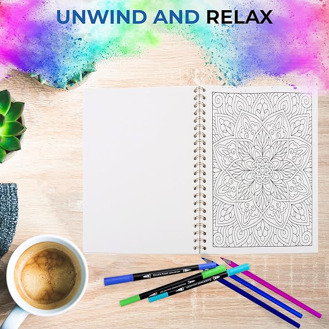 Spiral Bound Adult Coloring Book for Women - 40 Mandala and Flowers Designs - Stress Relief & Relaxation - Single Sided, Perforated Pages, Large A4 Format