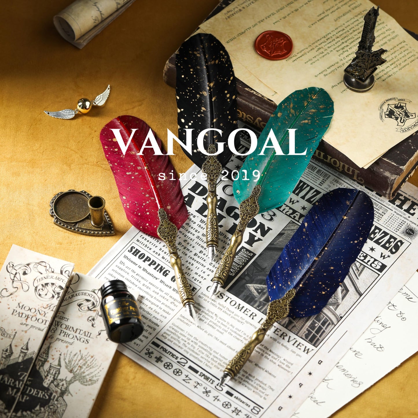 VANGOAL Vintage Black Feather Pen and Ink Set, Classic Series Goose Quill With Carving Stand, Calligraphy Nibs, Black Dip Ink, Antique Writing Gift for Writer