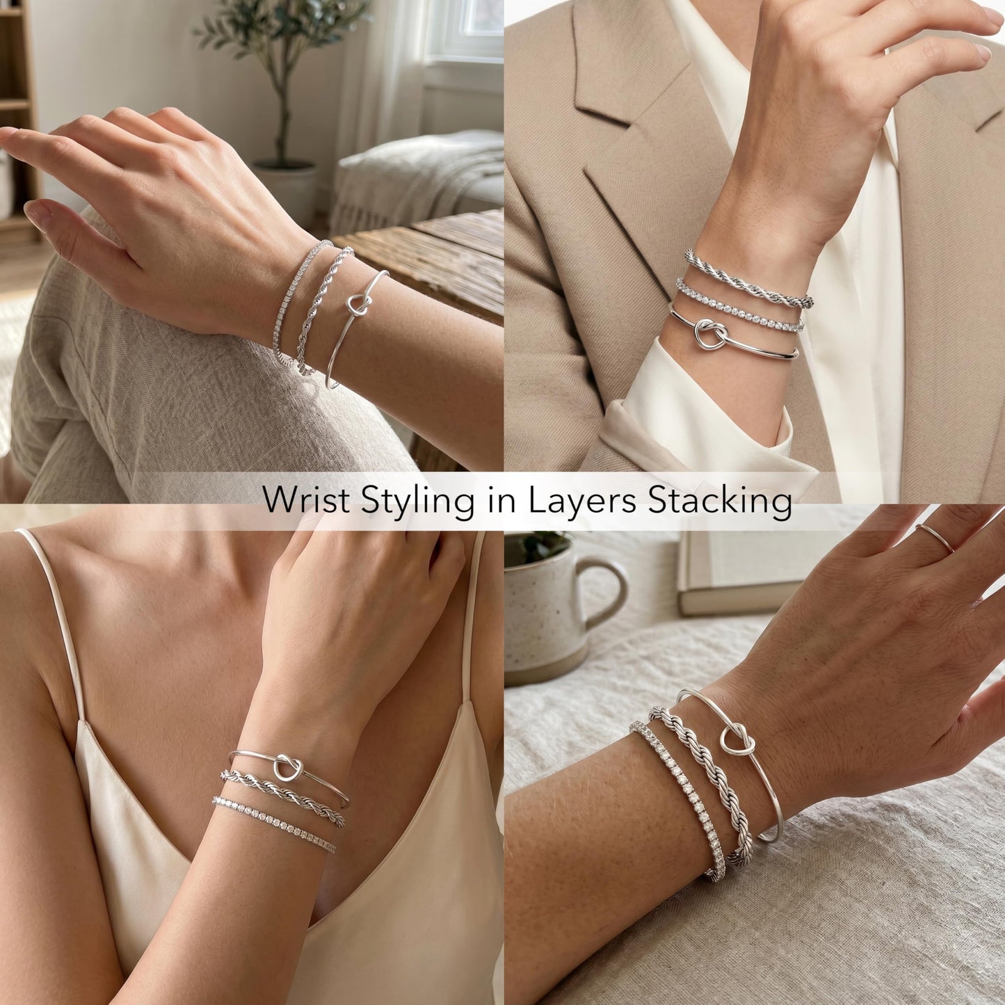 Poxtex Silver Cuff Bracelets Set for Women, 3 Pcs Stackable Rope Open Bangles, Cubic Zirconia Tennis, Stardust Thin Polished Band, Non Tarnish Stainless Steel Jewelry Gifts