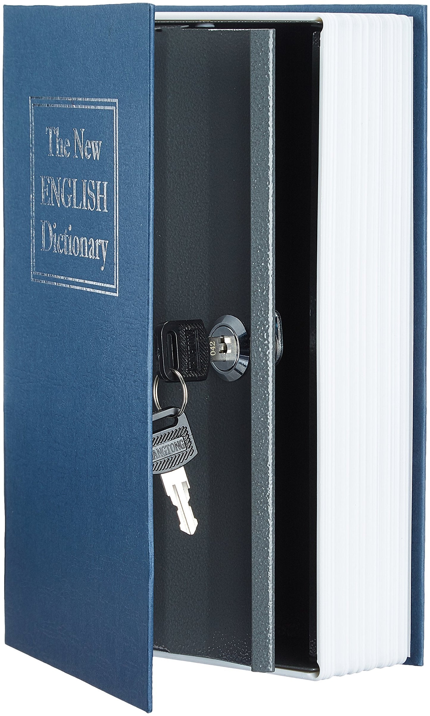 Amazon Basics Portable Diversion Book Safe, Secret Hidden Lock Box with Key Lock for Valuables, Hidden Storage Compartment Disguised as a Book, Large, Blue