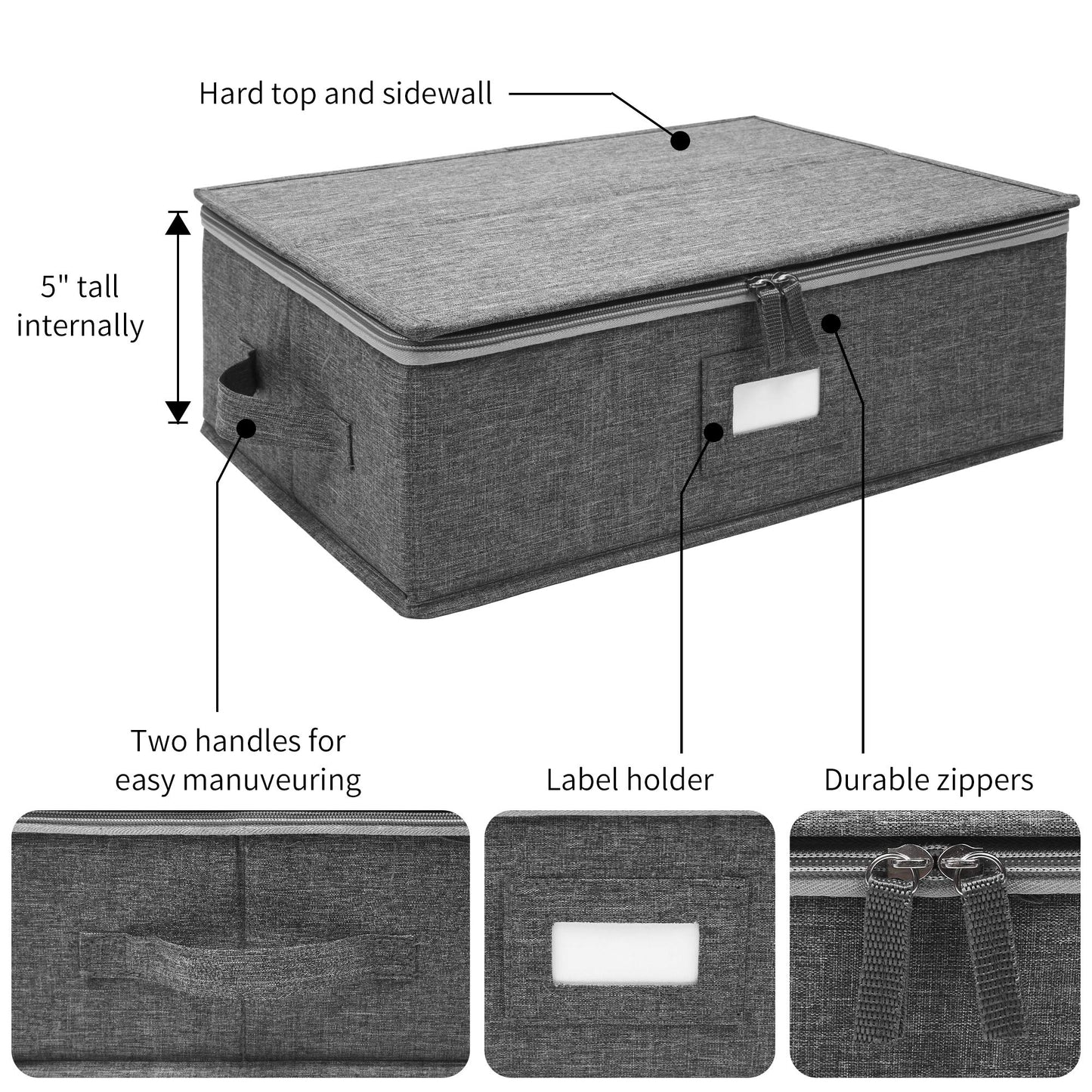 popoly Mug Storage Box with dividers, China Coffee Cup Storage Containers with Zipper Lid and Rivet Reinforced Handles, Holds 12 Coffee Mugs and Tea Cups, Structured Top and Stackable (Grey)