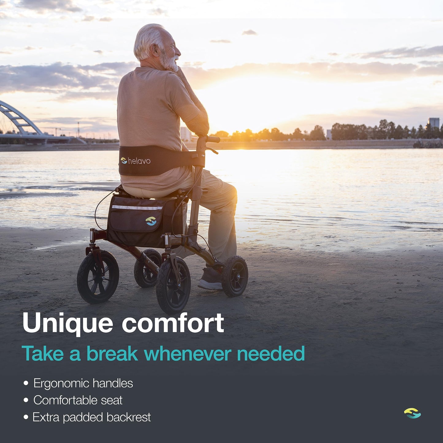 Helavo All Terrain Walker with Puncture-Proof, Flat-Free Solid Rubber Tires, 12" Wheels - Foldable Outdoor Walker for Seniors with Seat, Ergonomic Handles and Extra Padded Backrest