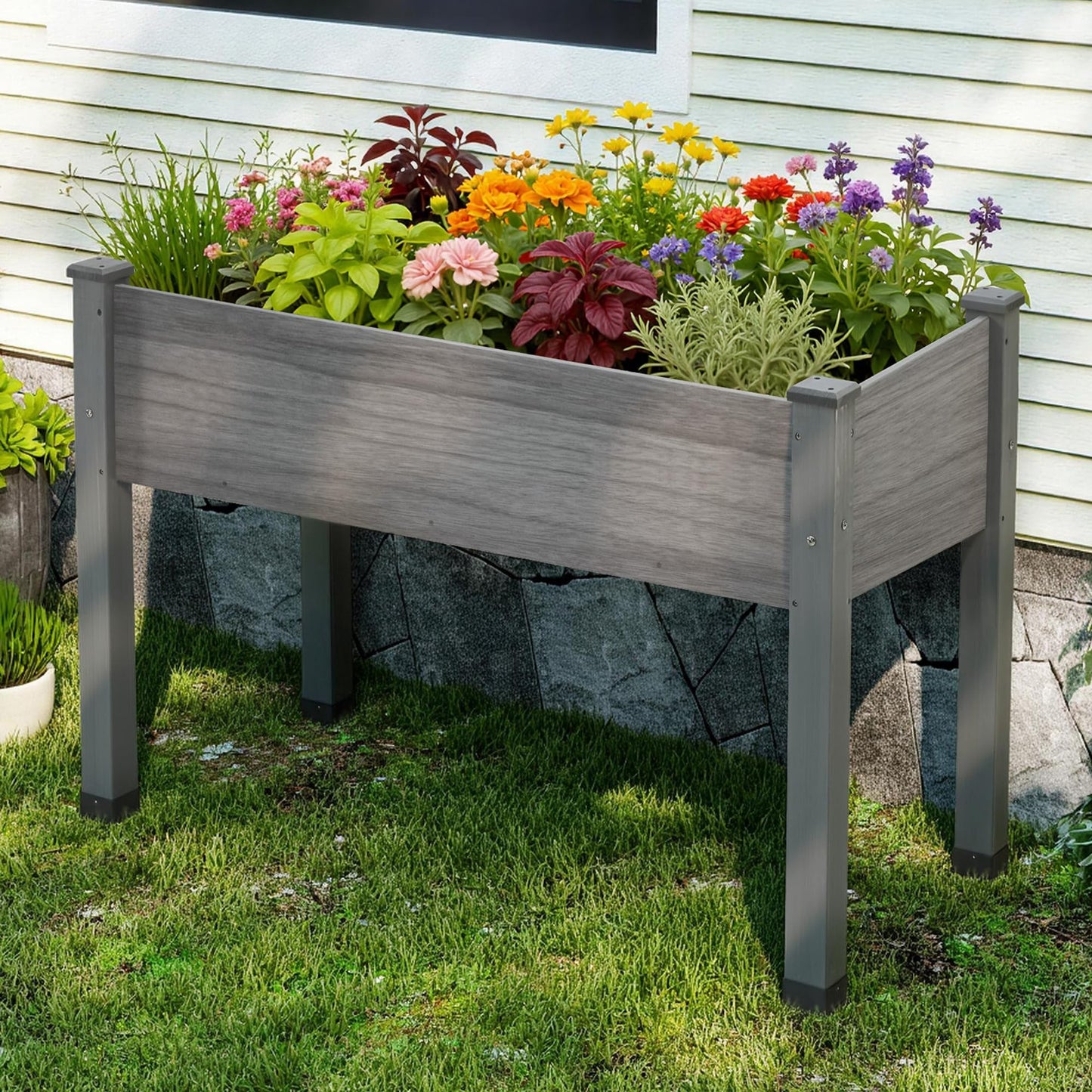 AMERLIFE Raised Garden Bed, 48x30x24 Inches Elevated Wood Planter Box with Legs, Bed Liner, Divider and Drainage Holes for Backyard, Patio, 200 lb Capacity - Grey