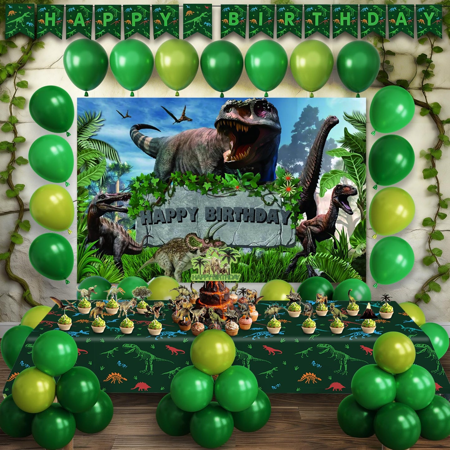 Dinosaur Birthday Party Decorations for Boys - Complete Kids Dino Party Supplies with Backdrop, Tablecloth, Birthday Banner, Cake Toppers, Balloons Kit & Tattoo Stickers