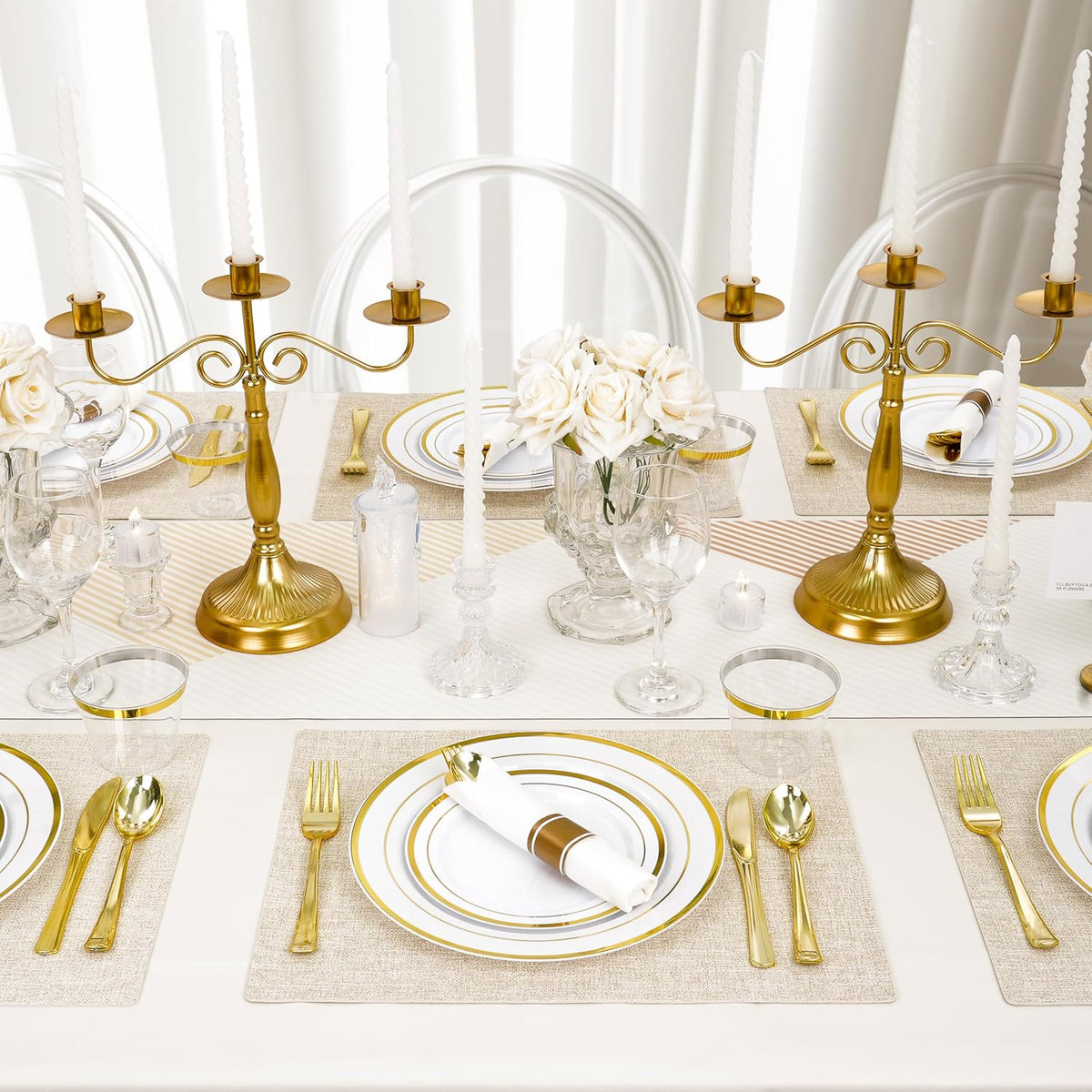 350 PCS White and Gold Plastic Dinnerware Set for 50 Guests, 100 Disposable Plates for Party, 50 Pre Rolled Napkins with Gold Silverware, 50 Cups