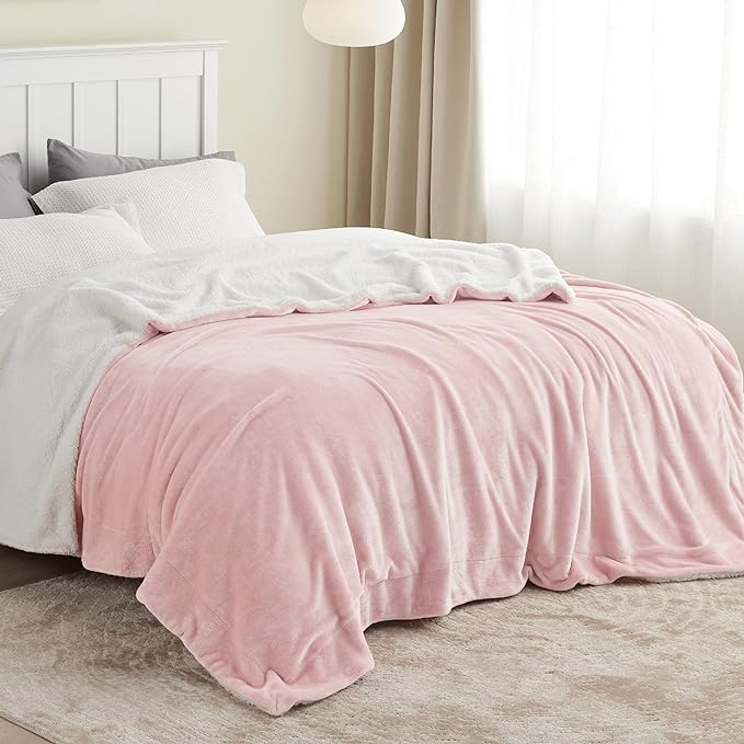 Bedsure Sherpa Fleece Blankets Queen Size for Bed - Thick and Warm, Soft Fuzzy Plush Queen Blanket for Winter, Pink, 90x90 Inches