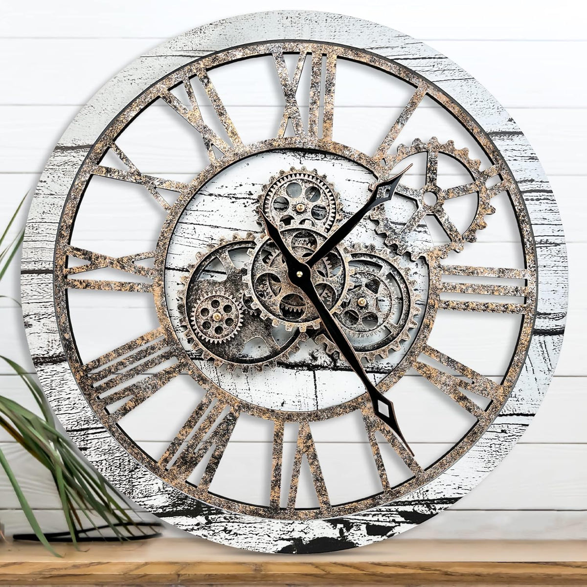 The B-Style Large Wall Clock 24 inch Moving Gear Wall Clock Oversized Vintage Farmhouse Wall Clocks for Living Room Decor Rustic Industrial Wood Clock (Gray and White)