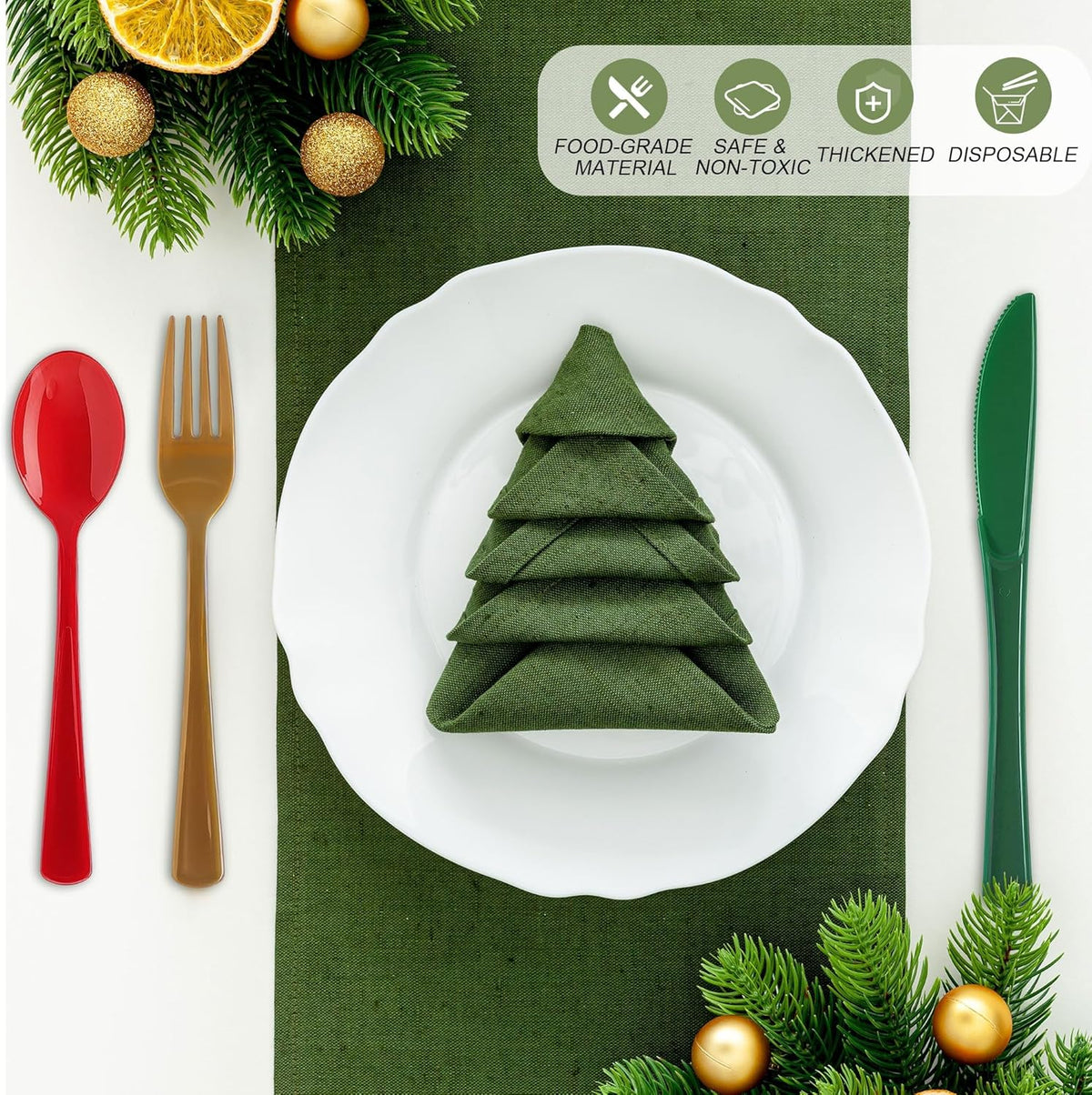 300 Pieces Christmas Plastic Silverware Heavy Duty Plastic Cutlery Set Heavyweight Disposable Flatware Includes Christmas Spoons Forks Knifes for Christmas New Year Party