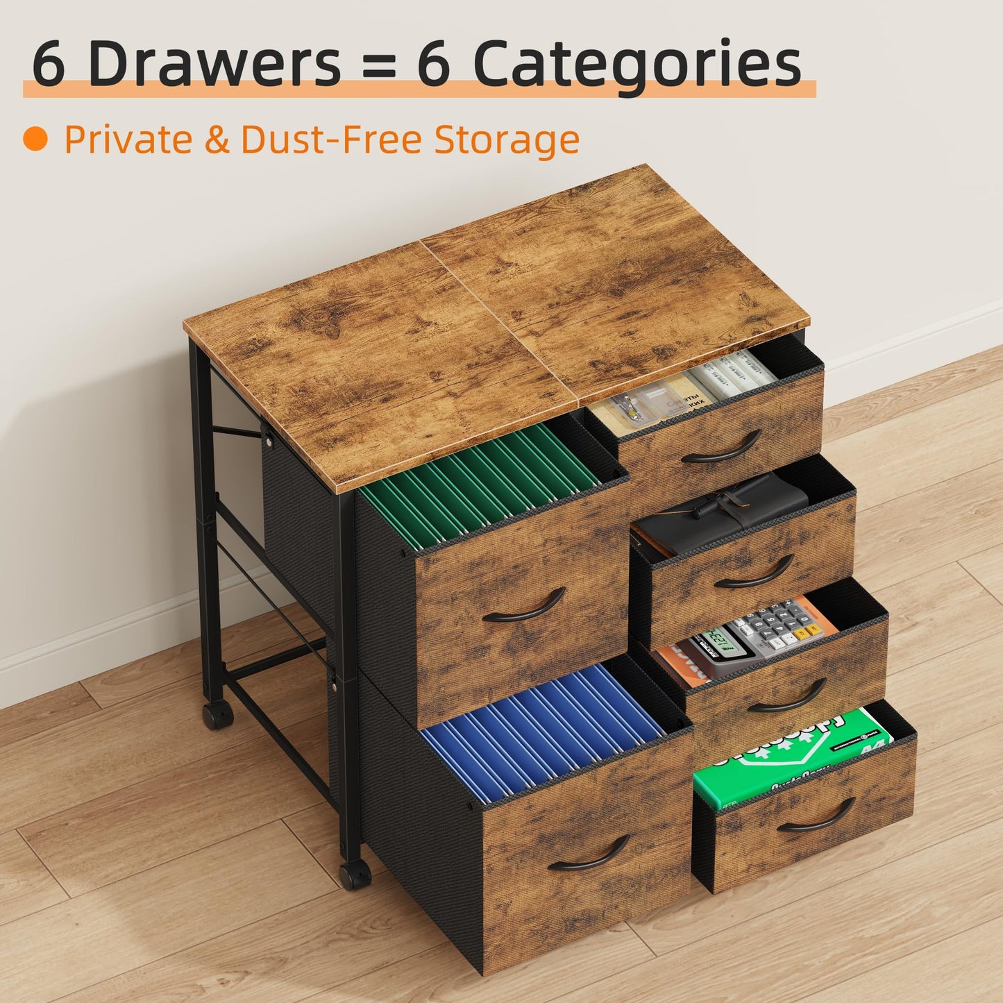 HIGDBFE 6 Drawer Mobile Lateral File Cabinet, Rolling Printer Stand, Under Desk Filing Cabinet Fits A4 Files, Home Office Storage Fabric Cabinet, 2X Space, Rustic Brown, 23''