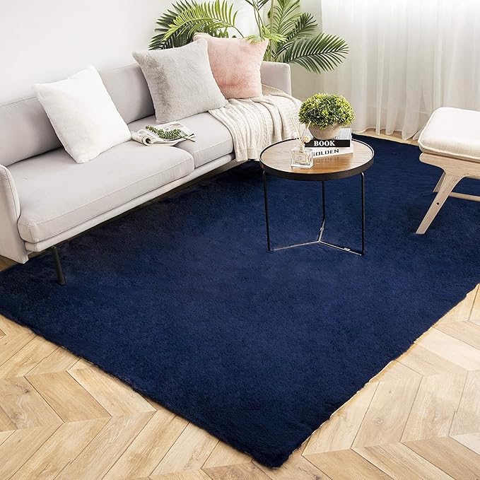 Ashler Faux Fur Rug, Ultra Soft Faux Rabbit Fur, Dark Blue Area Rugs, 6 x 9 Feet Rectangle, Machine Washable Nursery Decor Throw Rugs for Bedroom, Kids Room, Living Room
