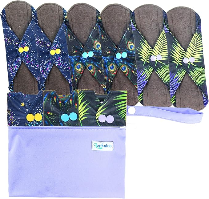 Leekalos Bamboo Menstrual Cloth Pads - Reusable Sanitary Pads for Light Incontinence - Pack of 6, 1 Cloth Mini Wet Bag