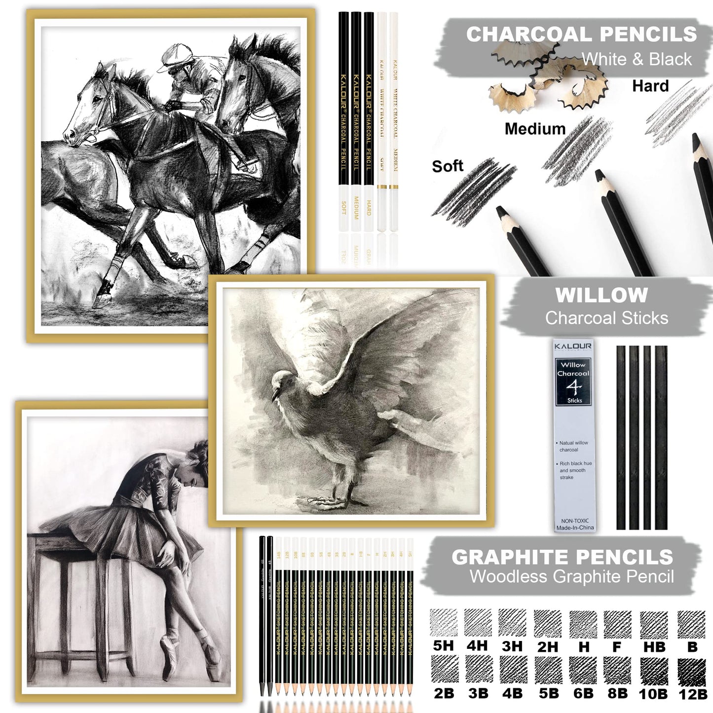 KALOUR 54-Pack Sketch Drawing Pencils Kit with Sketchbook,Include Graphite,Charcoal Pencils and Artists Tools,Pro Art Drawing Supplies for Adults Beginners,ideal for Sketching Shading
