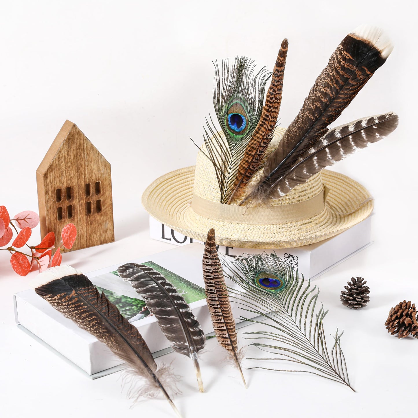 Ballinger Large Natural Pheasant Feathers - 8-12inch 4 Styles 24Pcs Assorted Craft Feathers Bulk,Peacock Feathers, Pheasant Feathers,Turkey Feathers for Crafting Vase Hat Wedding Autumn Party Decor