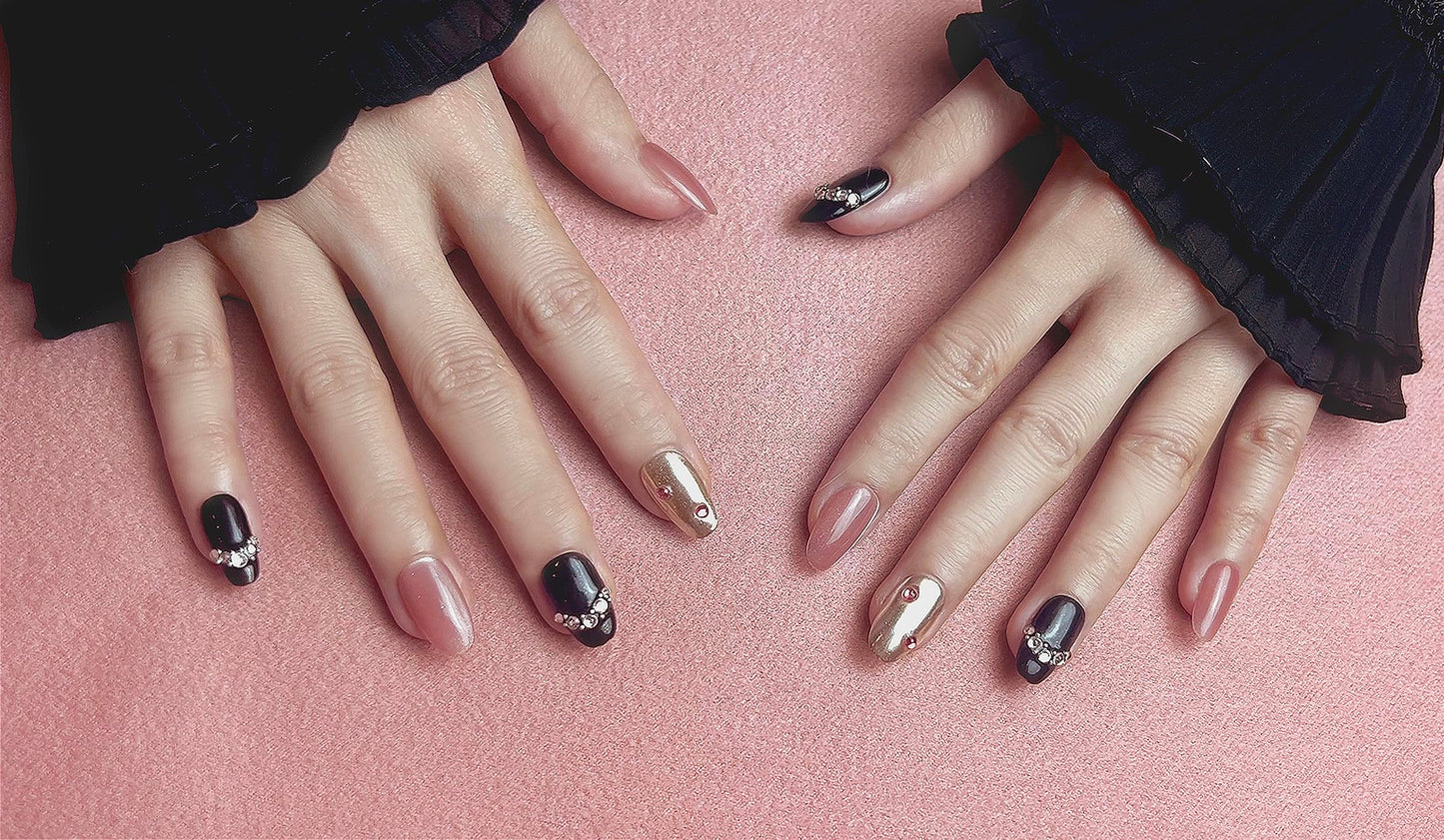 Handmade Press On Nails impress Fake Nails Medium Almond Oval 3D Black and Pink with Diamond Hand Finger Manicure glue False press ons Nail Artificial (S size)