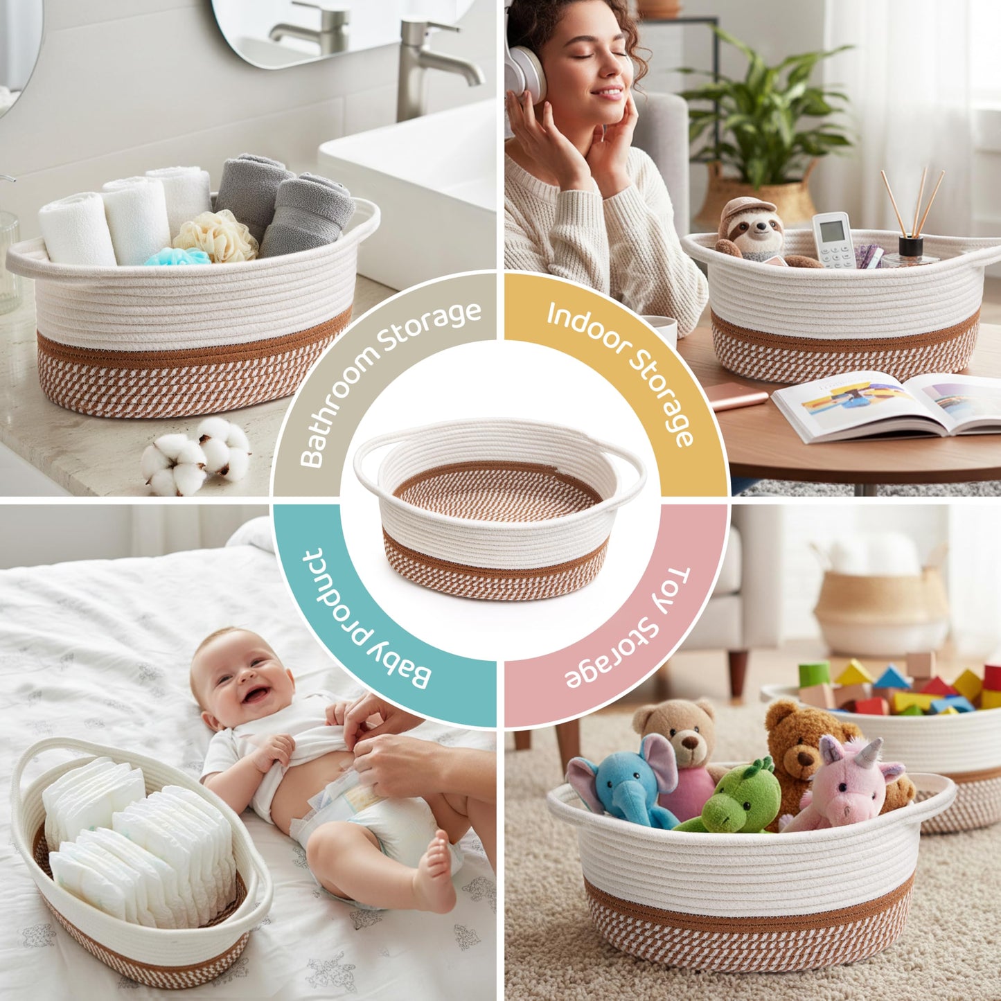 Pro Goleem Easter Woven Basket with Reinforced Handles - Baskets for Gifts Empty DIY Burr Basket Kit for Holiday, Baby Shower, Raffle - 13x8x6 Cotton Rope Storage Toy Bin (White & Brown)