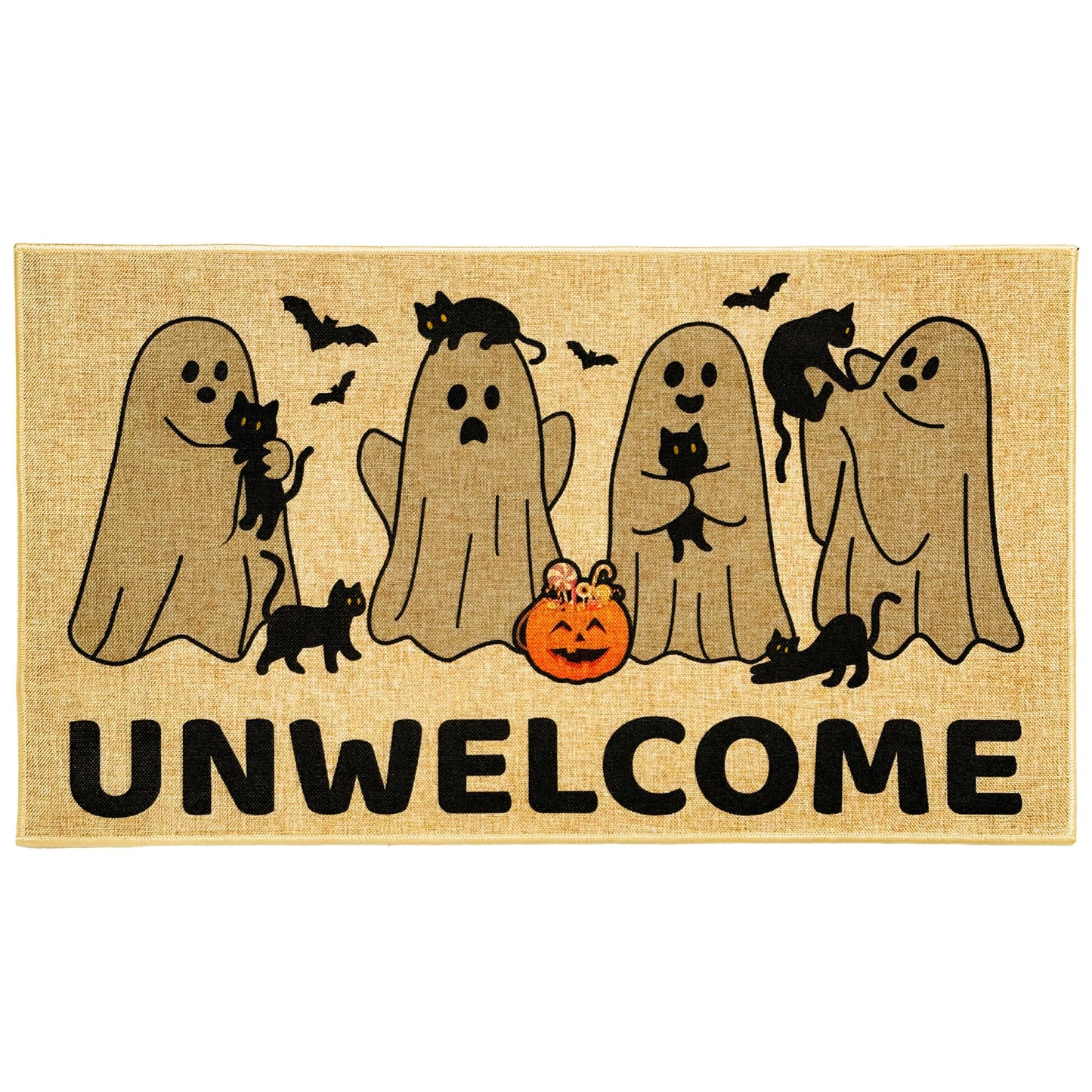 Kazova Unwelcome Doormat Funny Ghost Boo 17x30 Inch Non Slip Washable Linen Indoor Outdoor Rug for Introvert Home Office Front Door Entryway