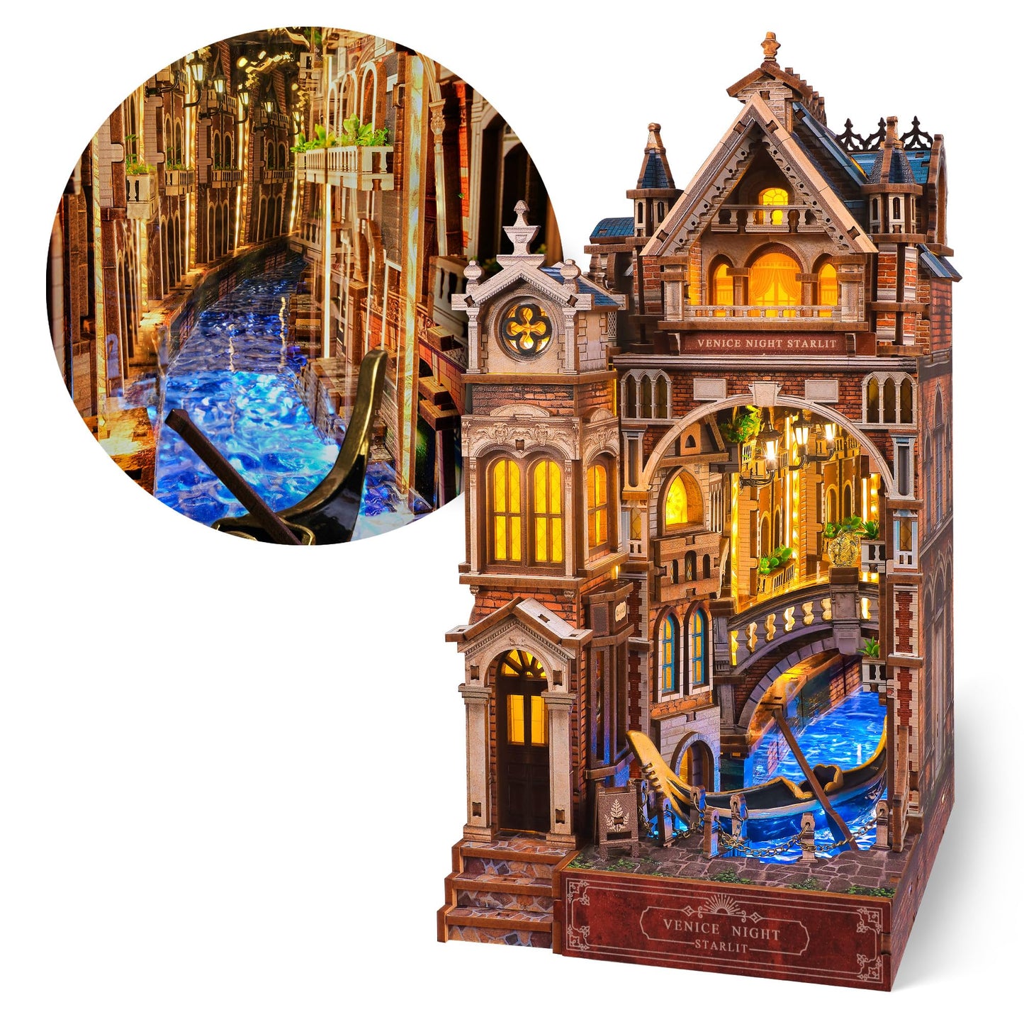 FUNPOLA Venice Night Starlit Book Nook Kit – LED 3D Wood Puzzle with Infinity Mirror – DIY Bookshelf Decor, Miniature Craft Gift for Kids and Adults