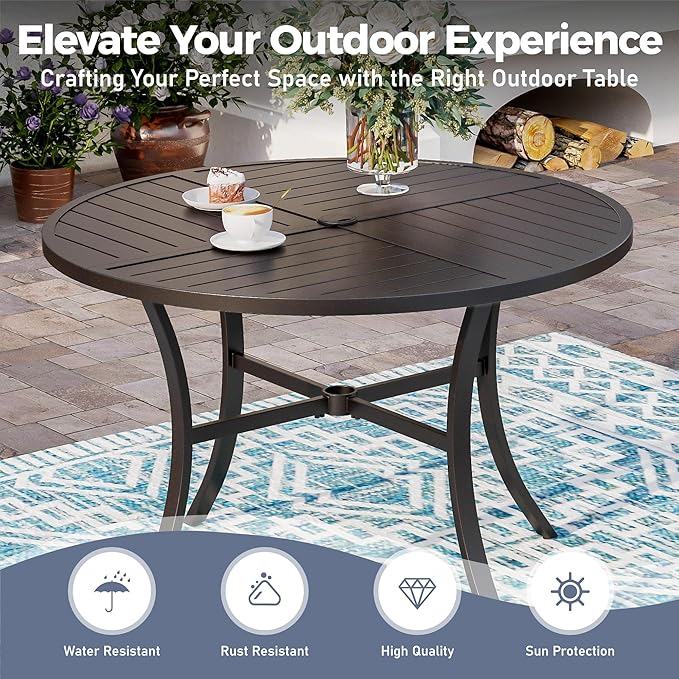 5 Piece Patio Dining Set for 4, 42" x 42" Round Metal Table with Umbrella Hole and 4 Red Chairs, Outdoor Table and Chairs Set for Lawn Backyard and Deck