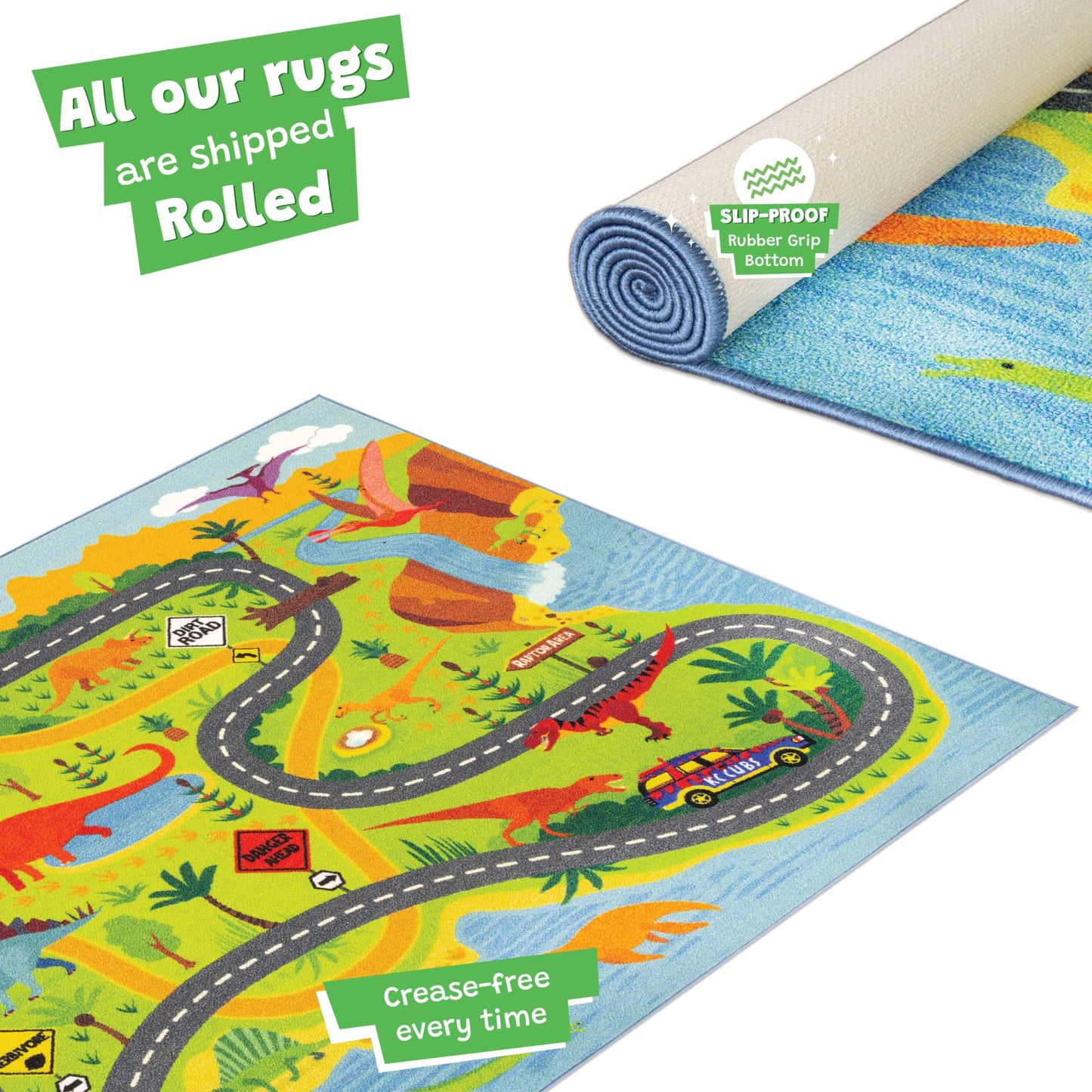 KC Cubs: Educational Rug: Dinosaur World Safari Road Map - 8x10' Playmat - Interactive Play, Activity Area Carpet, Bedroom-Classroom, Baby-Toddler-Kid