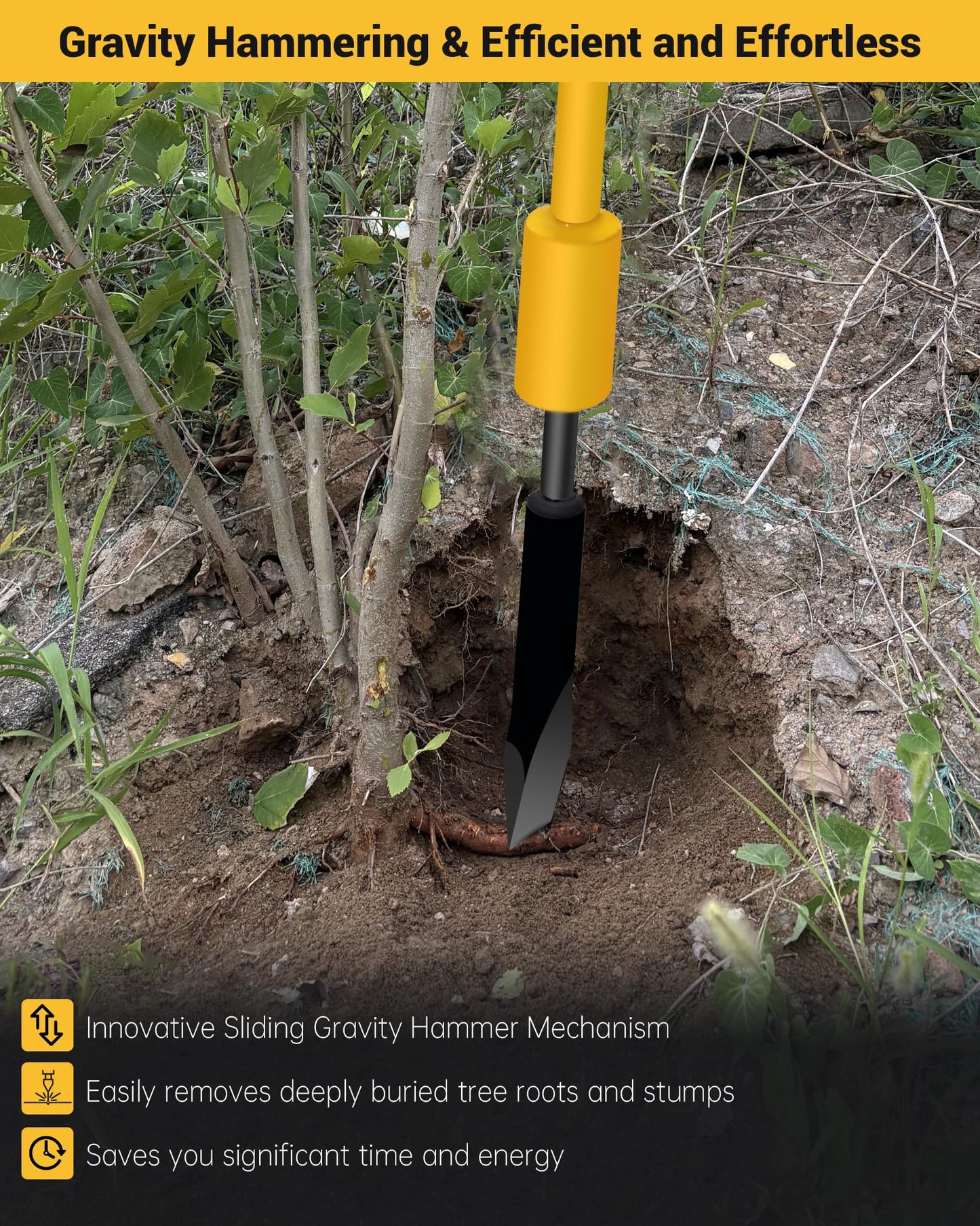Tree Root Removal Tool, Heavy Duty Root Cutting Shrub Cutter Remover Tool Spade Bar, Fit for Bamboo, Tree Roots, Rocks, Shrubs, Bushes, Stumps. Sliding Gravity Hammer Mechanism