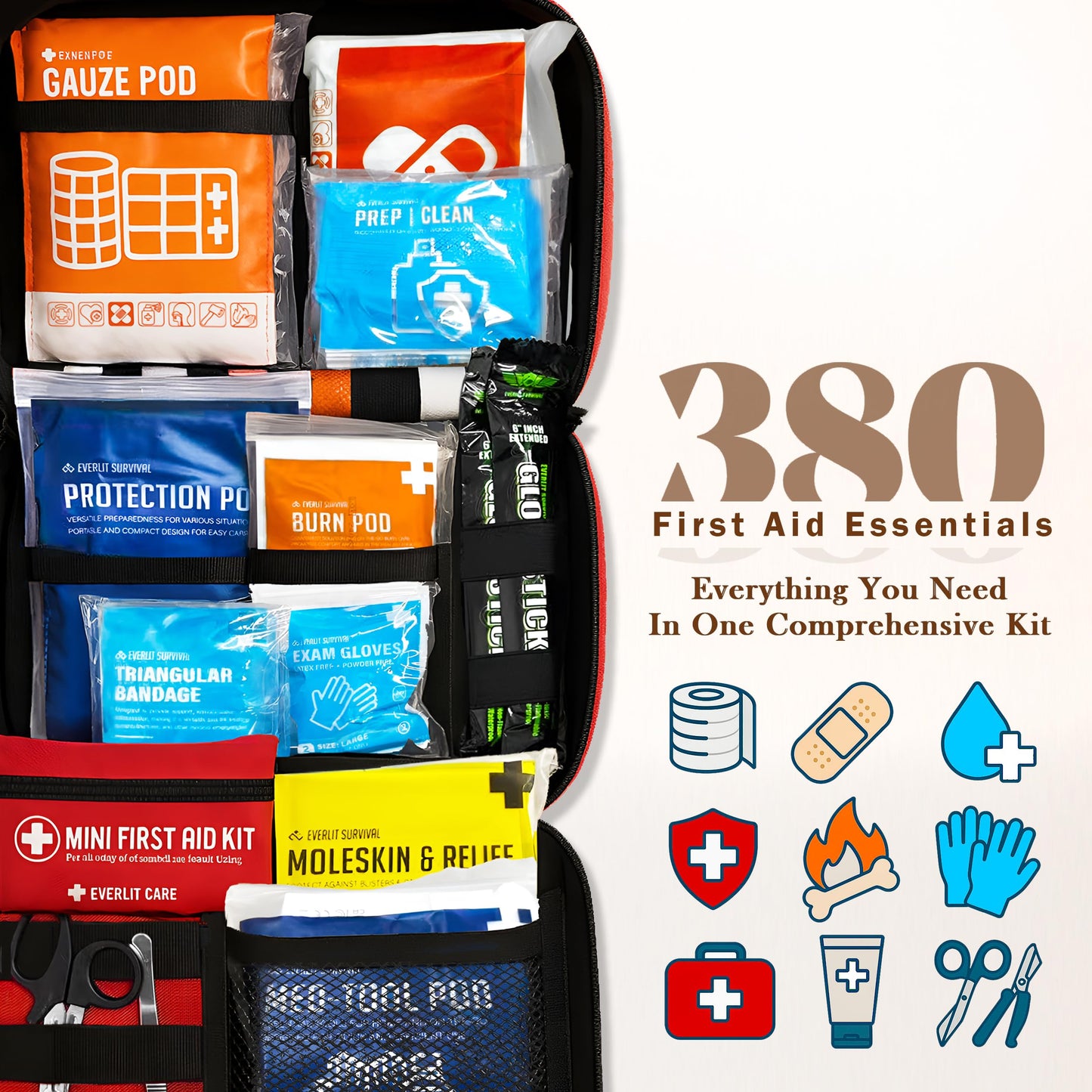 Everlit Care 380 Pcs First Aid Kit All-Purpose Medical Essential Kit for Cuts, Scrapes, Burns, Emergency Preparedness | for Home, Office, Car, Travel, Camping, Outdoor (Black)