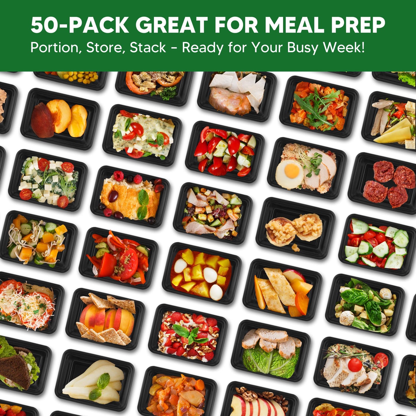 NUTTUTO 50 Pack Meal Prep Containers with Lids 38oz - BPA-Free, Reusable, Leakproof Food Storage Containers - Microwave/Dishwasher/Freezer Safe, To Go Take Out Plastic Food Storage Pans(Black)
