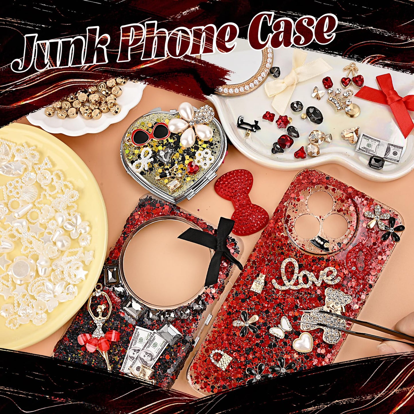 Prdingfy Red Junk Case Charms Kit, Black & Red DIY Phone Case Decorations with Rhinestones, Letter Beads, Mirror & Tools for Customizing Bling Junk Phone Cases & Personalized Gifts