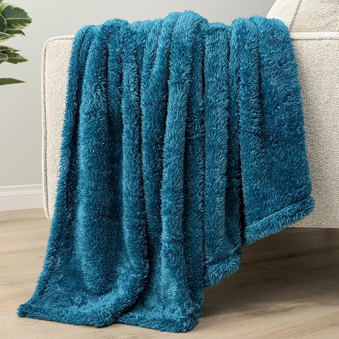 PAVILIA Sherpa Throw Blanket for Couch Sofa, Turquoise Teal Blue Fluffy Warm Plush Blanket for Bed, Cozy Super Soft Lightweight Throw, Fuzzy Decorative Blanket, All Season Home, 50x60