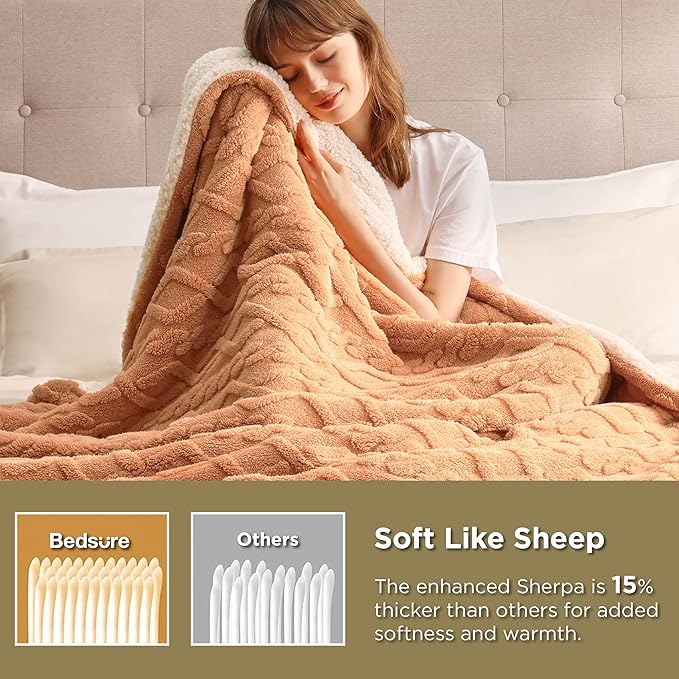 Bedsure Sherpa King Size Blanket for Bed- GentleSoft Fleece Fluffy & Cozy Cable Jacquard Tufted for Women Gift, Thick and Warm Blankets for Winter, Light Brown, 108x90 Inches