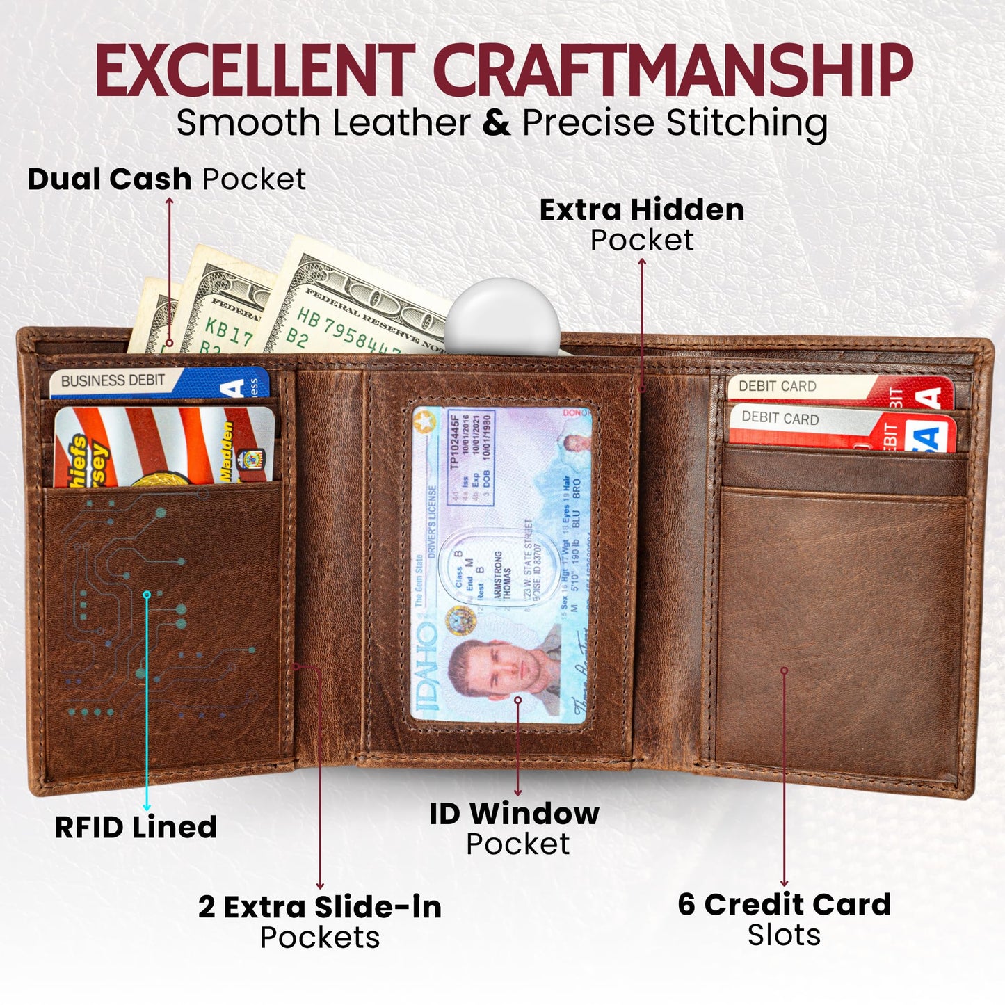 BULL GUARD Leather Trifold Wallets For Men In Grizzly Brown with ID and RFID Blocking Great For Work, Sports, Outdoors, No Logo Design