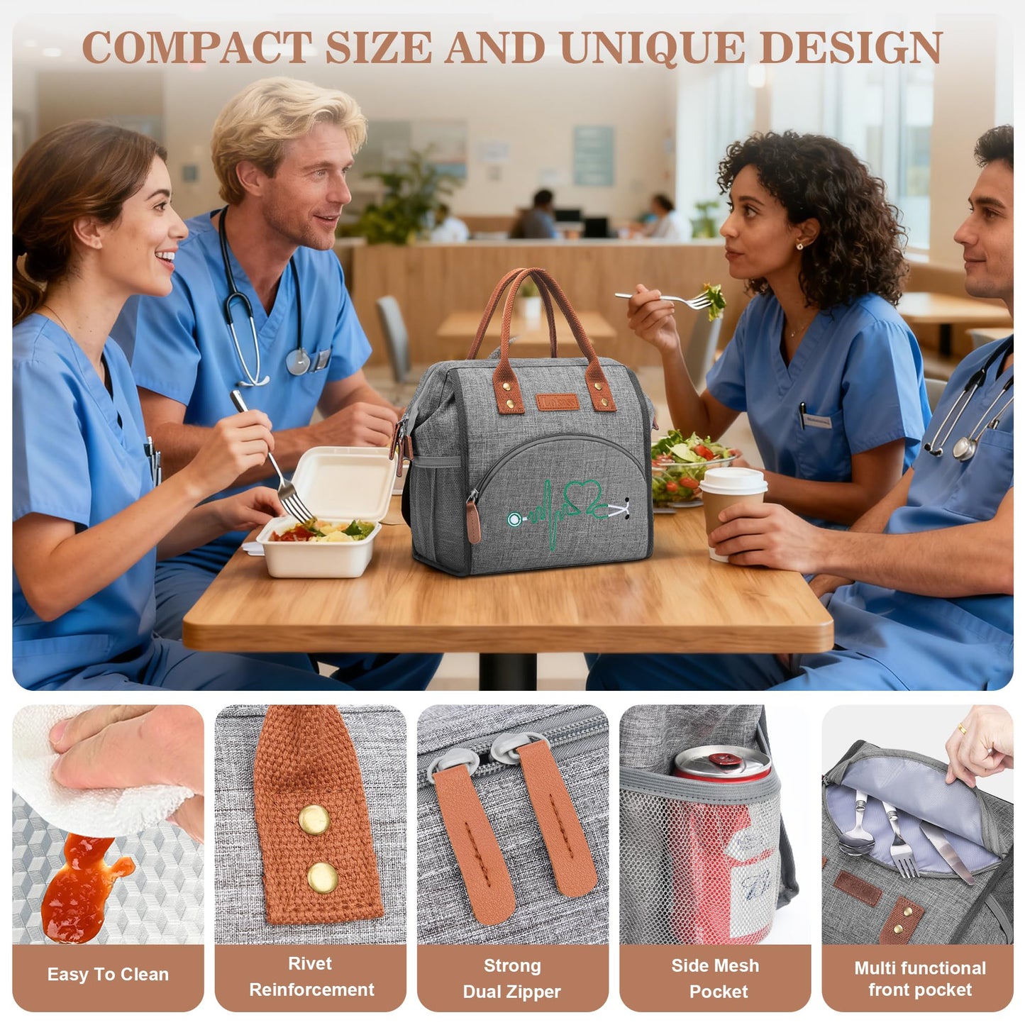 Srotek Nurse Gifts for Women - Embroidered Nurse Lunch Bag for Work, Large Capacity Wide-Open Lunch Box Insulated Reusable Lunch Tote Cooler Bag, Practical Nurse Accessories for Daily Use, Grey