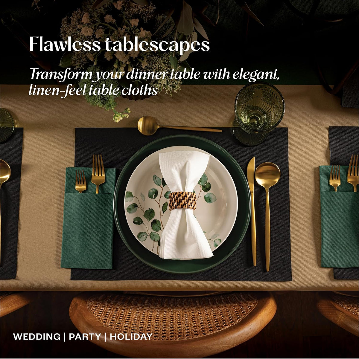 Disposable Tablecloth for Rectangle Table, Linen-Like Champagne Paper Tablecover for Dining Table, Party, Wedding Or Event, 55" W x 80 ft L