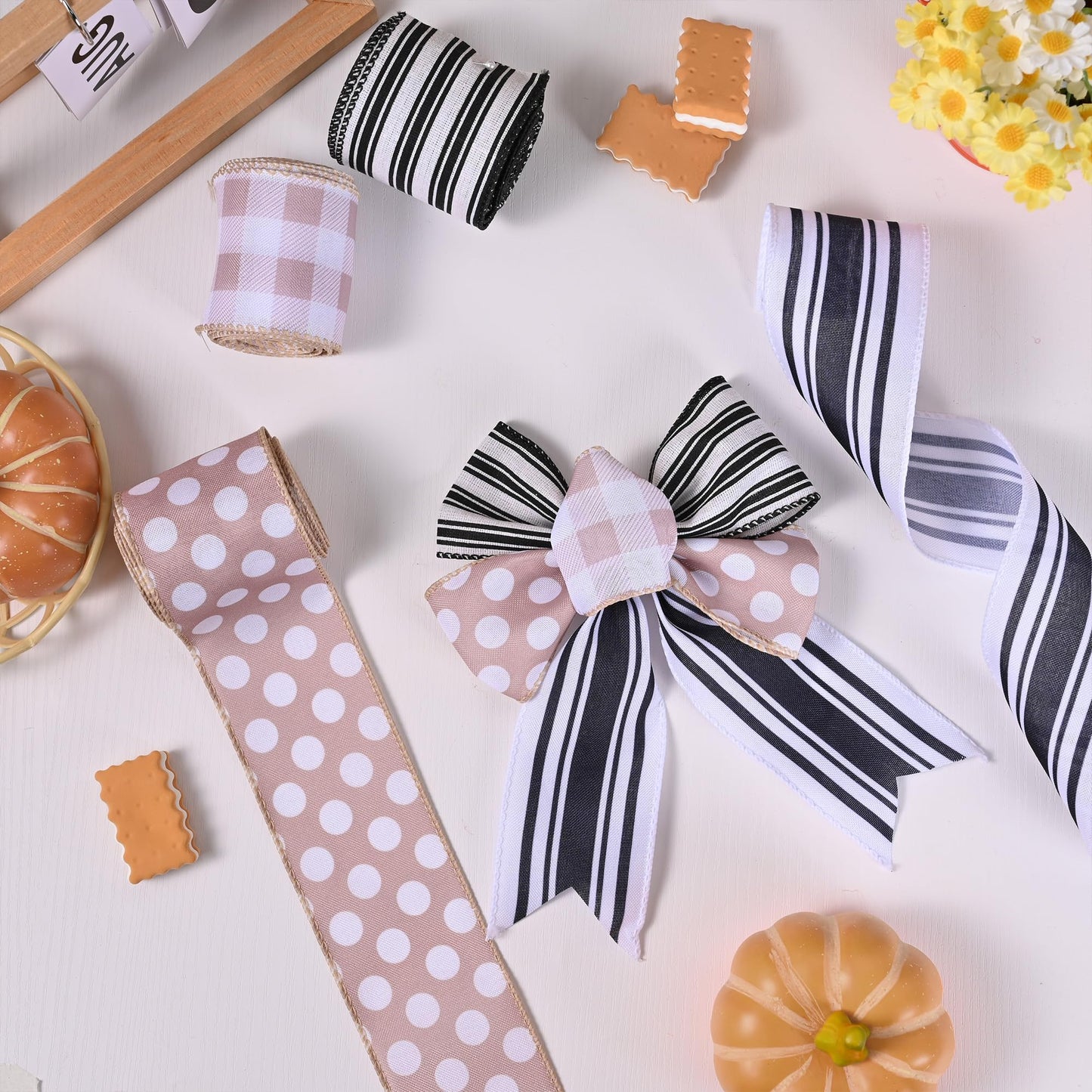 Ribreeze 20 Yards Wired Ribbon 4 Rolls Black White Stripe Dot Ribbon 2.5 Inch for Wreaths DIY Present Wrapping Floral Bow Craft Deco