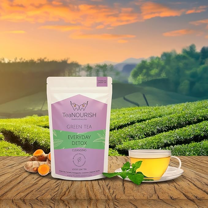 TeaNOURISH Everyday Detox Green Tea | Darjeeling Loose Leaf | 100% Natural Turmeric, Ashwagandha, Cardamom, Shatavari, Stevia | 50 Cups Hot Tea or Iced Tea - 3.53oz/100g