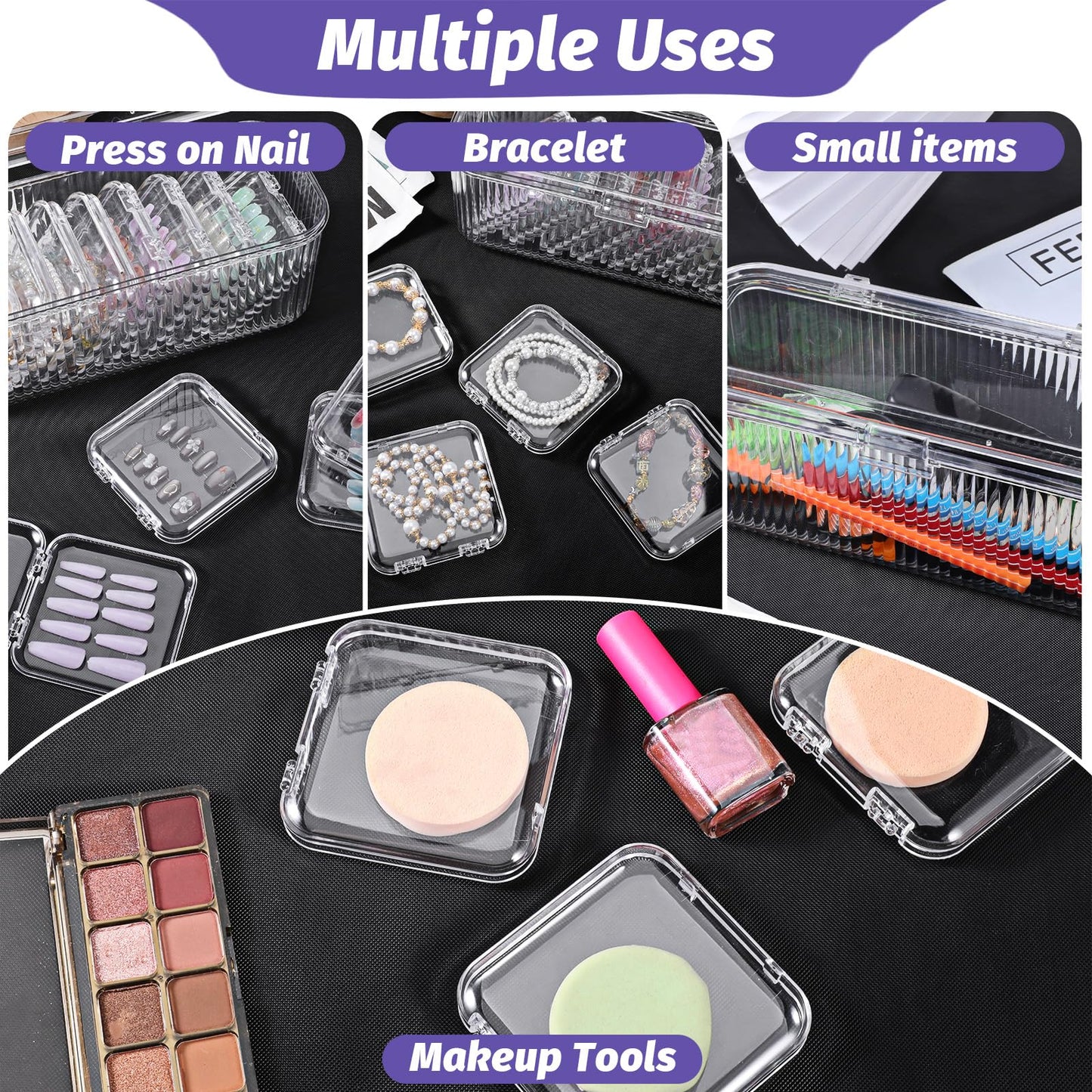 HANLANXUE 26 Pack Press On Nail Organizer, 24 Clear Press On Nail Storage Boxes and 2 Big Storage Box with 120 Adhesive Double Sided Tape Acrylic Nail Display Box Nail Packaging Boxes for Nail Salon