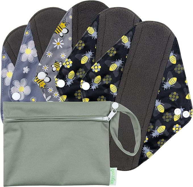 wegreeco Reusable Menstrual Pads for Women - Reusable Sanitary Pads | Reusable Panty Liners | Soft Cloth Menstrual Pads - 5 Pack, 1 Cloth Wet Bag (S, Bee & Bloom)