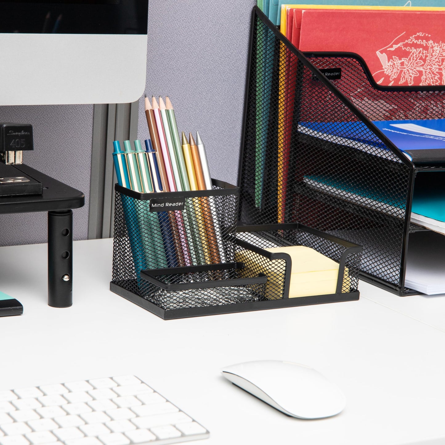 Mind Reader Desktop Organizer, Pen Holder, Clip Basket, Storage, Office, Metal Mesh, 8.07"L x 4.13"W x 3.94"H, Black