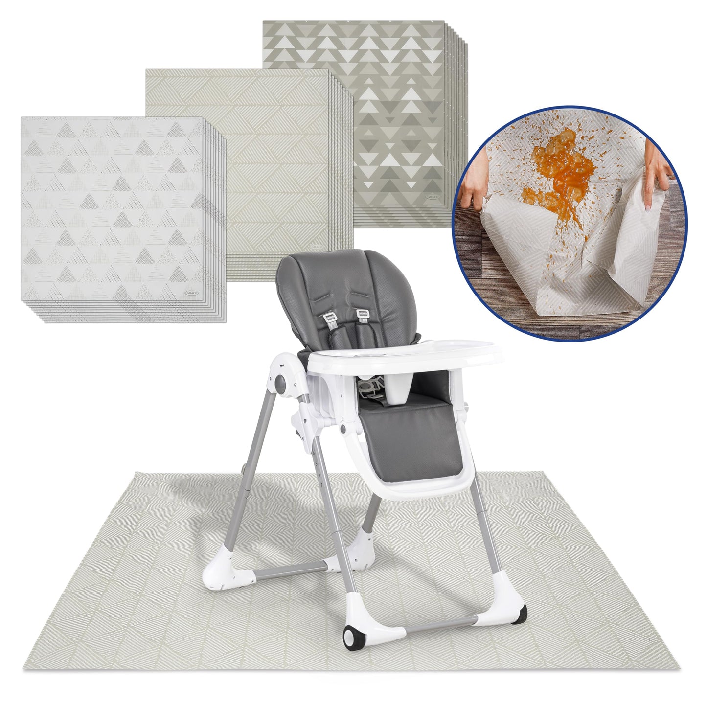Graco Baby Disposable Splat Mats, 30 Sheets with Assorted Designs, 47" x 40", Eco-Friendly Floor Protector for Mealtime, Home & Restaurant Use