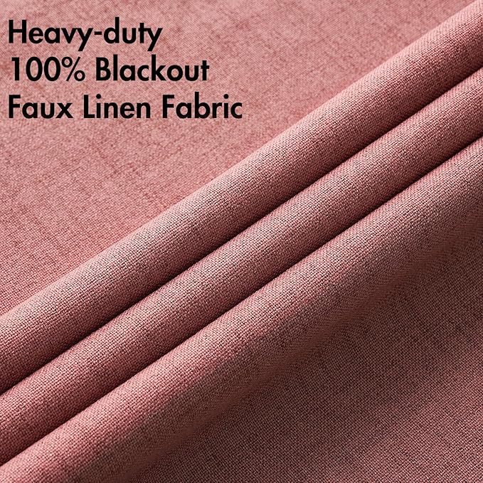 MIULEE 100% Blackout Linen Textured Curtains for Bedroom Solid Thermal Insulated Dusty Rose Grommet Room Darkening Curtains & Drapes Luxury Decor for Living Room Nursery 52 x 84 Inch (2 Panels)