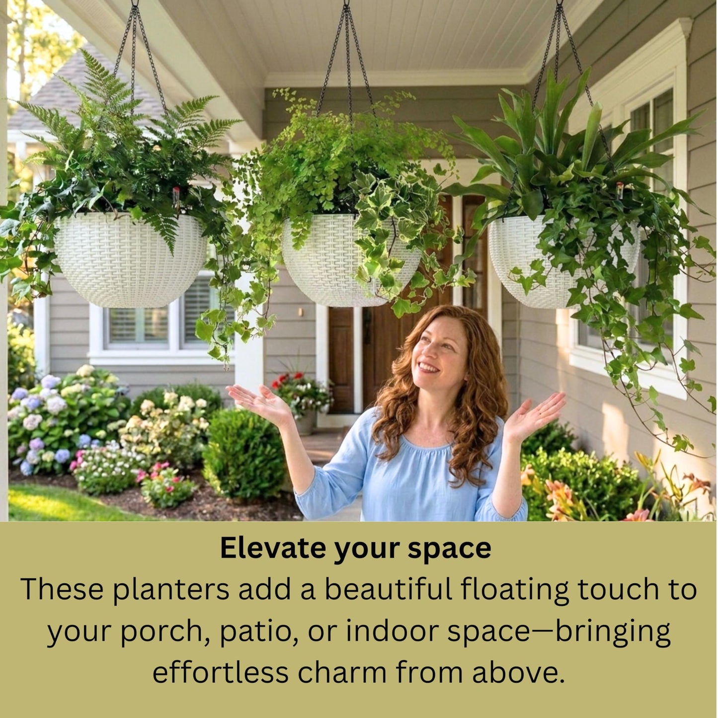 LaLaGreen Bundle- 4 Pack, 11 Inch Self Watering Hanging Basket + 2 Pack, 14 Inch White Rectangular Planter Window Flower Box with Bracket Round Plant Pots Outdoor Balcony Patio Porch Deck Garden Decor