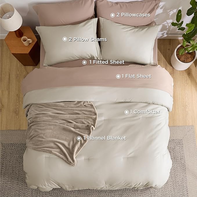 Bedsure Full Comforter Set Beige, 8 Pieces Prewashed Full Size Bed in a Bag with Soft Fleece Bed Blanket, Down Alternative Bedding Set for All Seasons, Sheets, Pillowcases & Shams