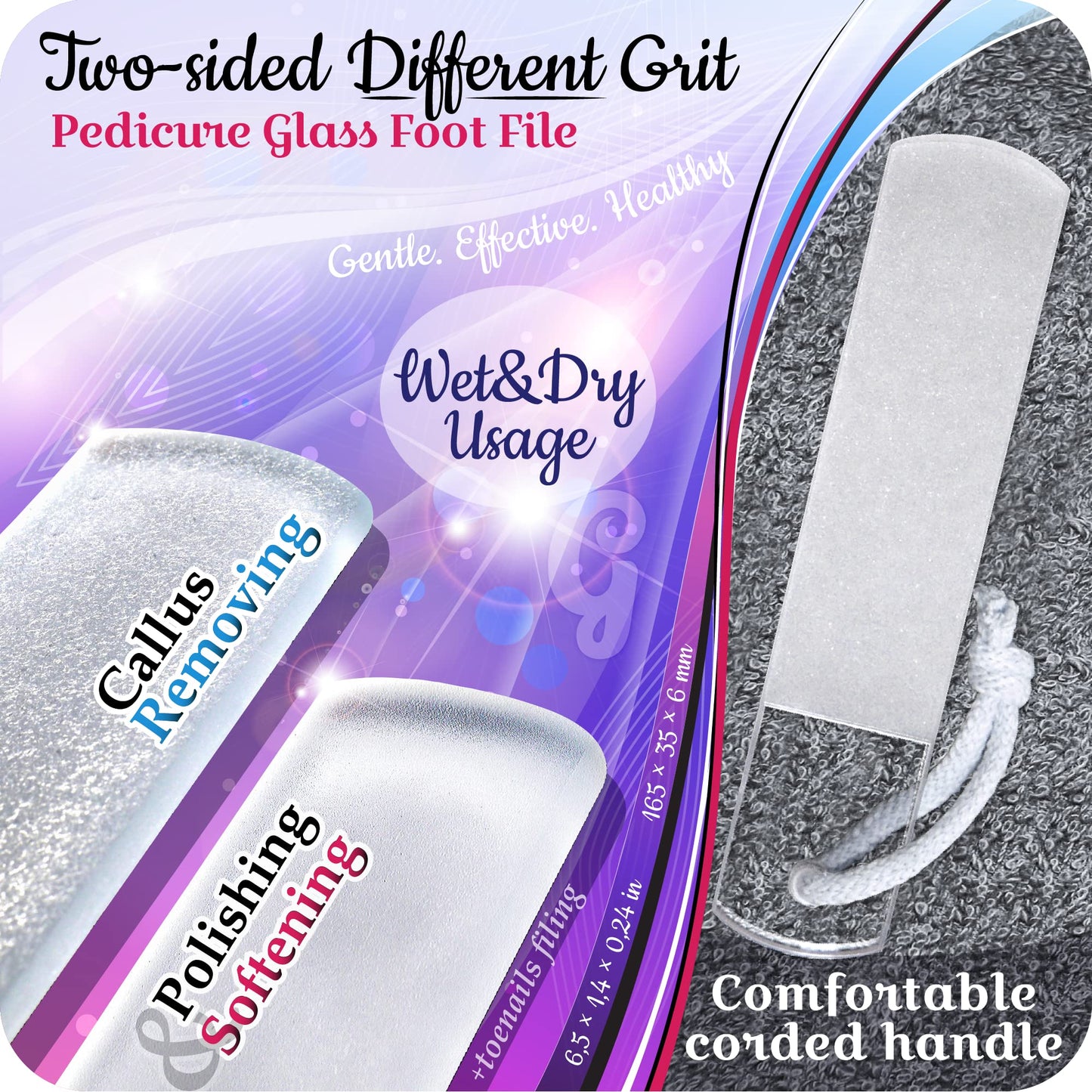 Genuine Czech Glass Nail File Set by GLADZY - Callus Remover Foot Rasp, Cuticle Pusher Manicure Stick, Double Sided Etched Different Grit Surface, Professional Nail Care Tool Kit, Made in EU