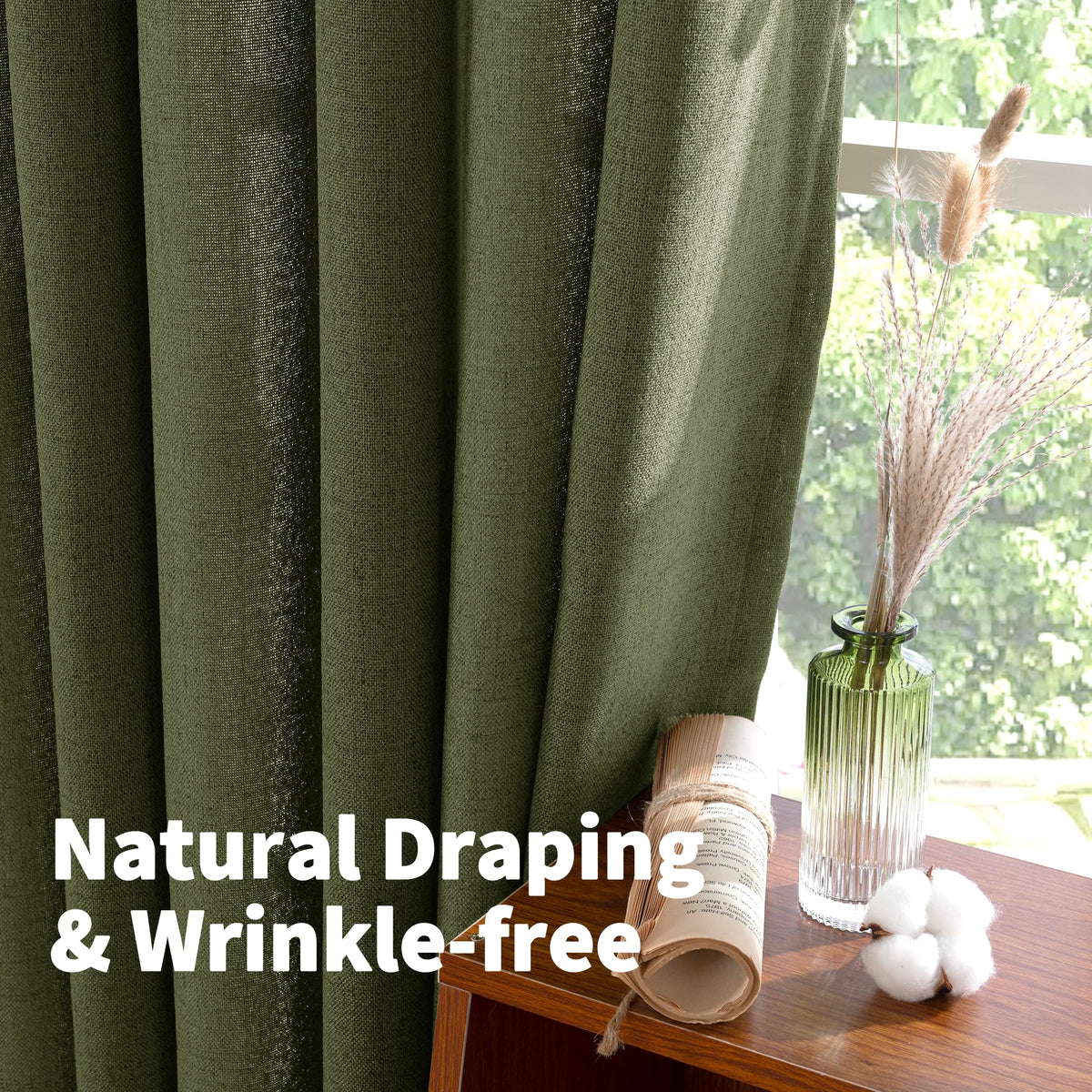 Dark Green Linen Curtains 90 Inch Length for Living Room (2 Count)