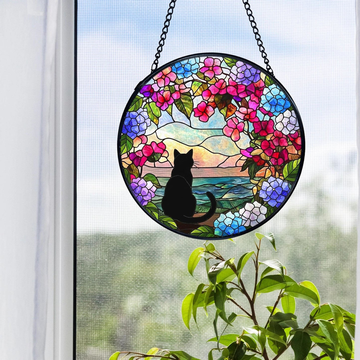 FUGWN Black Cat Hydrangea Flower Stained Glass Window Hanging, Black Cat Sun Catchers Indoor Window Round Glass Wall Art Decor, Cats Floral Suncatcher Wall Hanging Decorations, Lawn Care