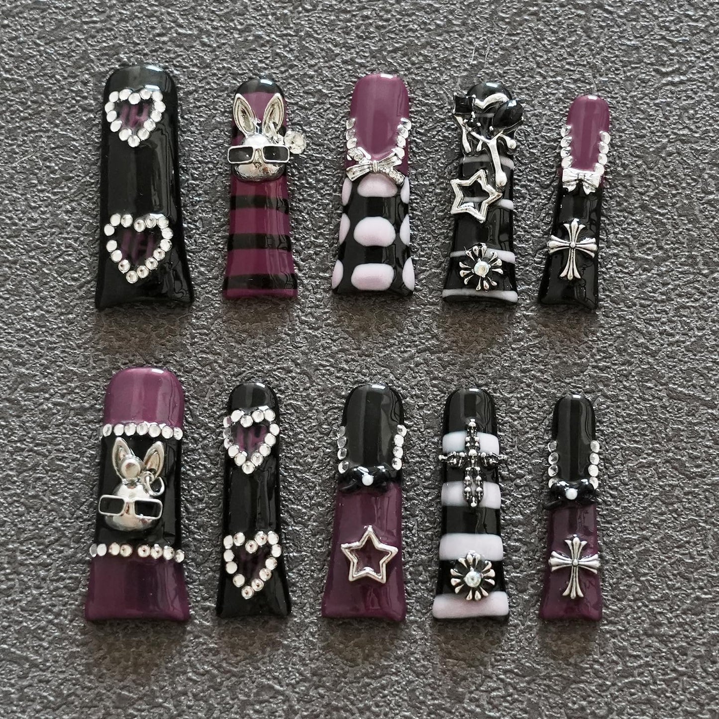 Tesytto Metallic Gothic Press on Nails - Duck Nail Tips False Nails Black Purple Hot Pink with 3D Metal Cross, Star, Heart, Bow & Rabbit Charms, Extra Long Nails for Parties (Dark Romance, M)