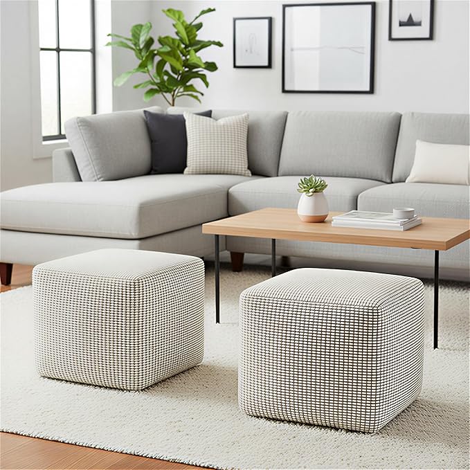 SIMPLIHOME Zelma Square Pouf – 18 inch Wide Upholstered PET Polyester Ottoman in Dune Beige, Boho Indoor/Outdoor Footstool or Extra Seating for Living Room or Patio, Assembled