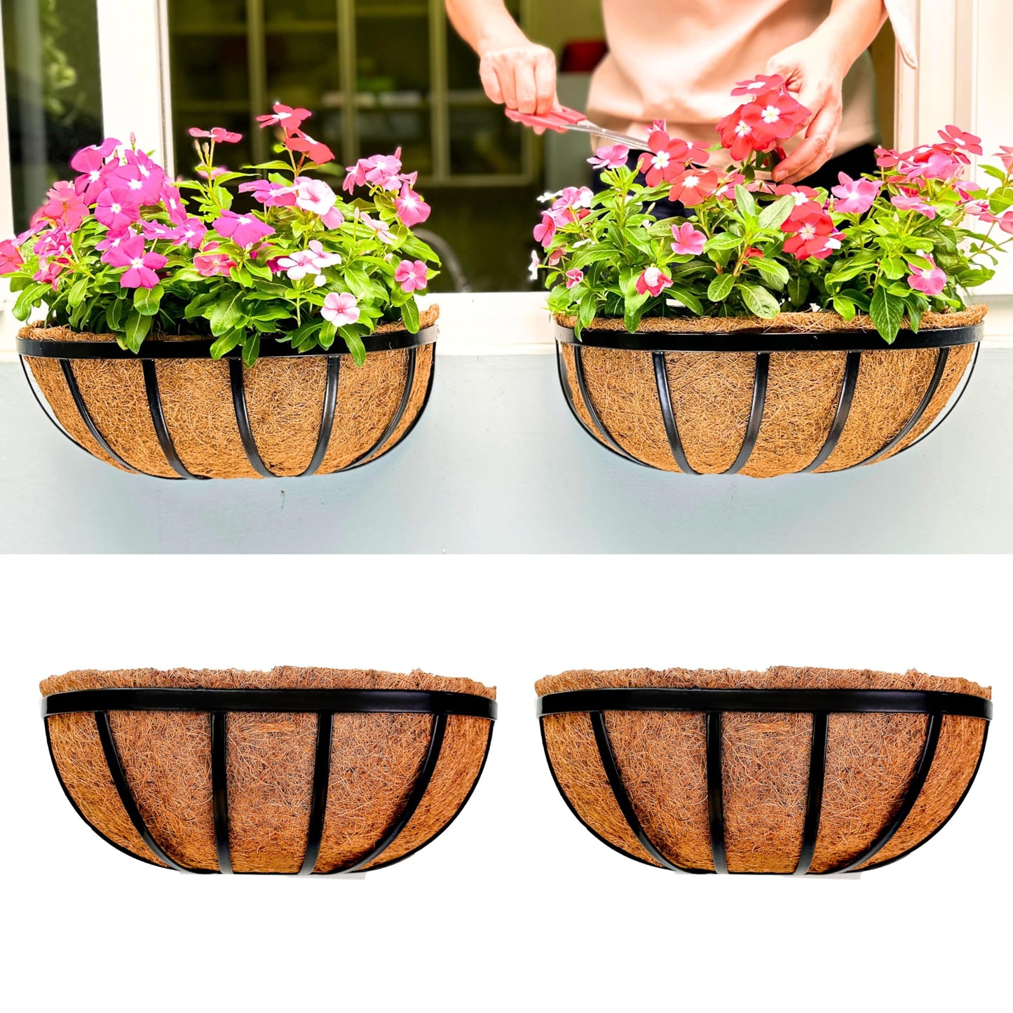 LaLaGreen Wall Planters - 16 Inch, 2 Pack Deck Railing Planter Boxes for Outdoor Plants, Window Flower Box with Coco Liners Metal Horse Troughs Fence Balcony Garden Herb Pot Patio Porch Over Rail