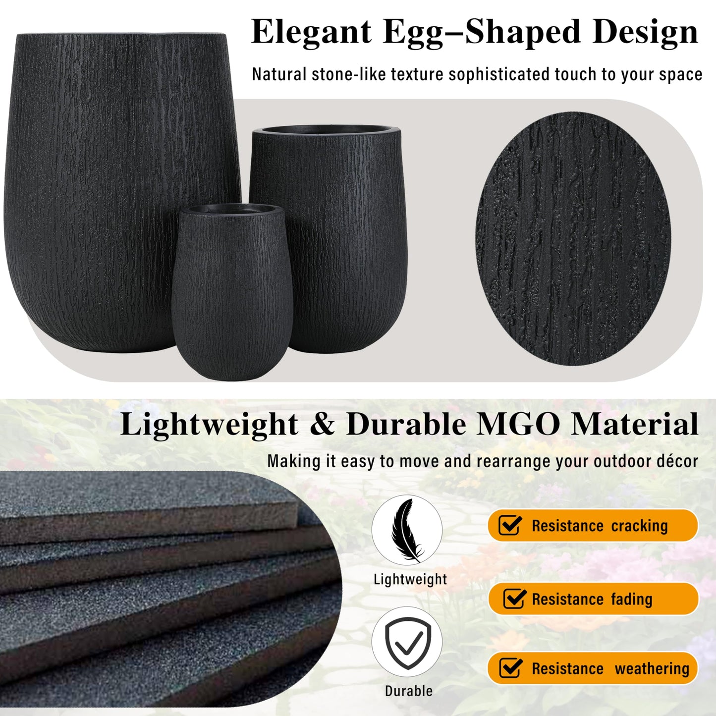 GDFStudio Lightweight MgO Egg-Shaped Planter Set of 3 Large Indoor Outdoor Plant Pots with Drainage Hole & Rubber Plug, Stone Texture Round Flower Pots for Patio Balcony Garden Lawn Poolside, Black